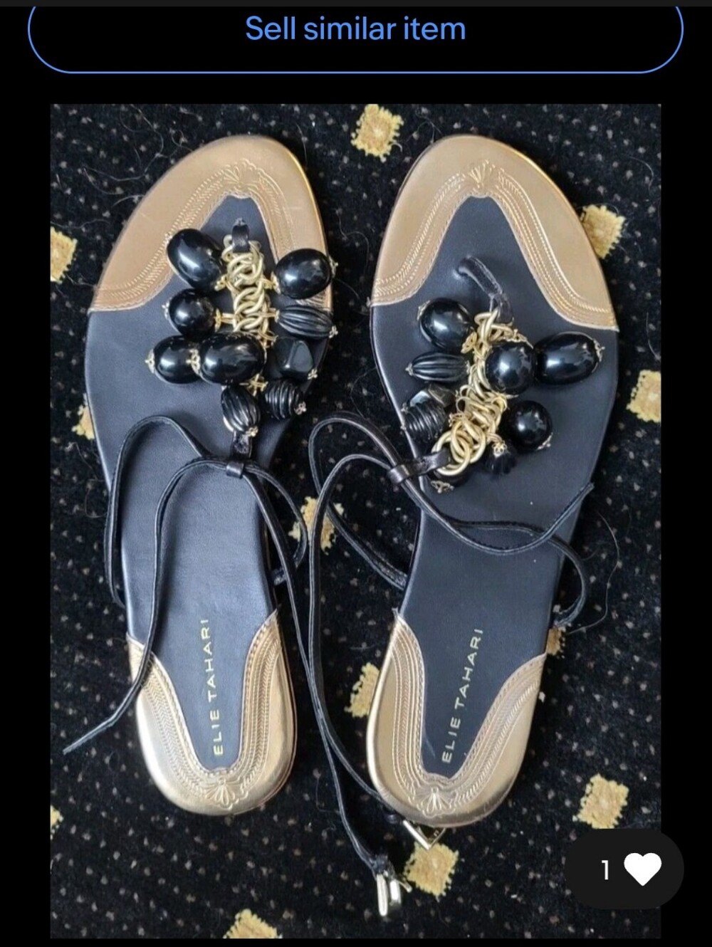 Elie Tahari Black & Gold Beaded Lace-Up Leather Sandals 7.5 Mint